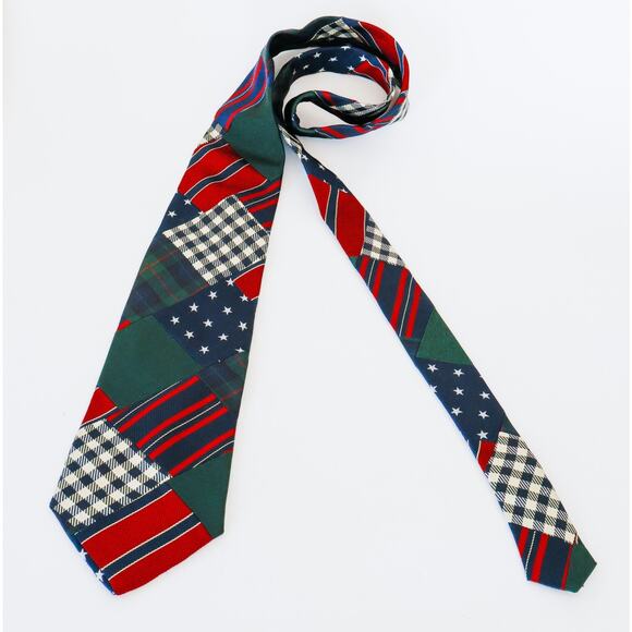 VTG 90s Tommy Hilfiger Patchwork Silk Tie Preppy Corporate Americana Plaid Star - Picture 5 of 16